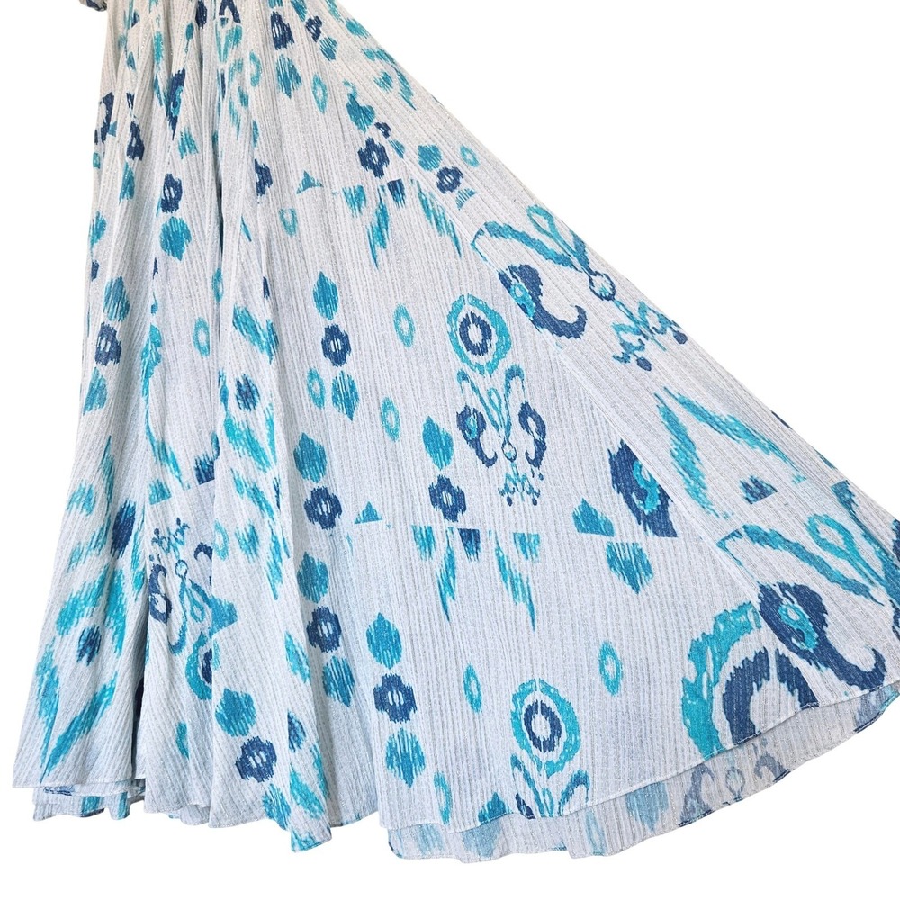 Hemant & Nandita Blue Ikat Floral Puff Sleeve Midi Dress White Metallic Sz Small - Picture 6 of 10